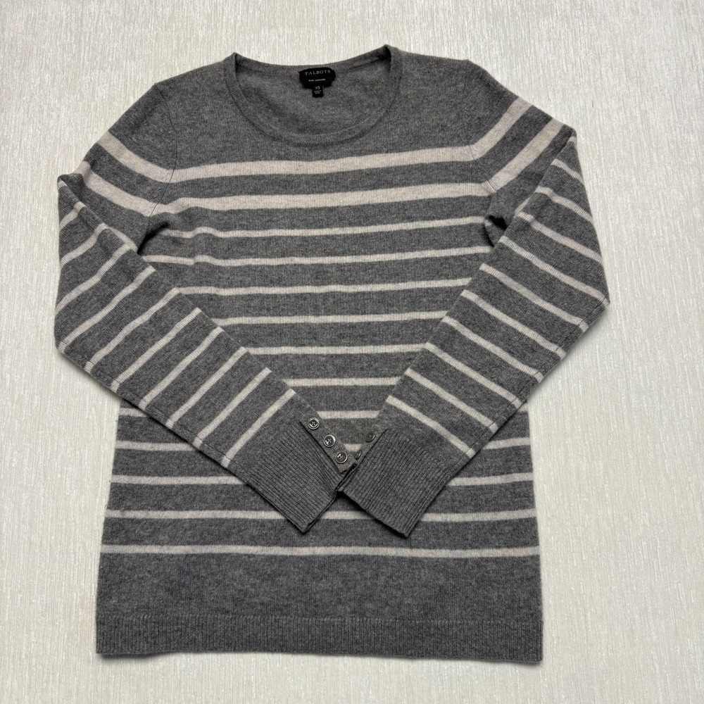 Talbots Pure Cashmere Sweater Womens XS Gray White Striped Pullover Career Soft
